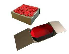 Verpackungsbox mit filigran ausgestanztem Filz auf dem Deckel